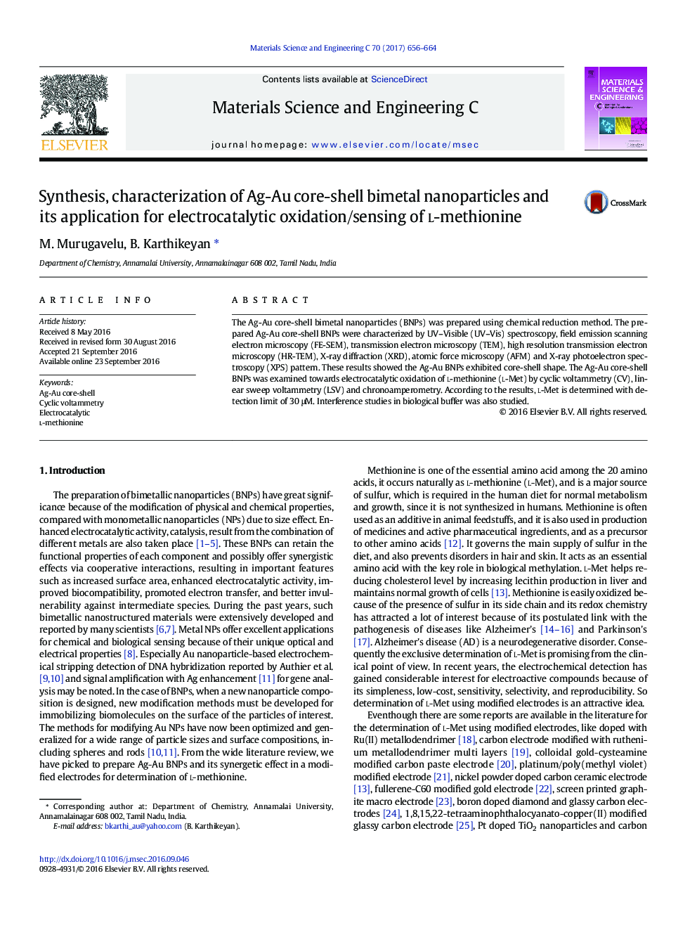 Synthesis, characterization of Ag-Au core-shell bimetal nanoparticles and its application for electrocatalytic oxidation/sensing of l-methionine