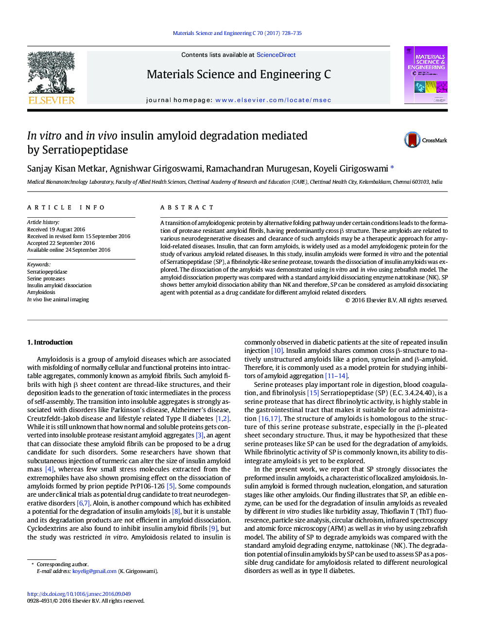 In vitro and in vivo insulin amyloid degradation mediated by Serratiopeptidase