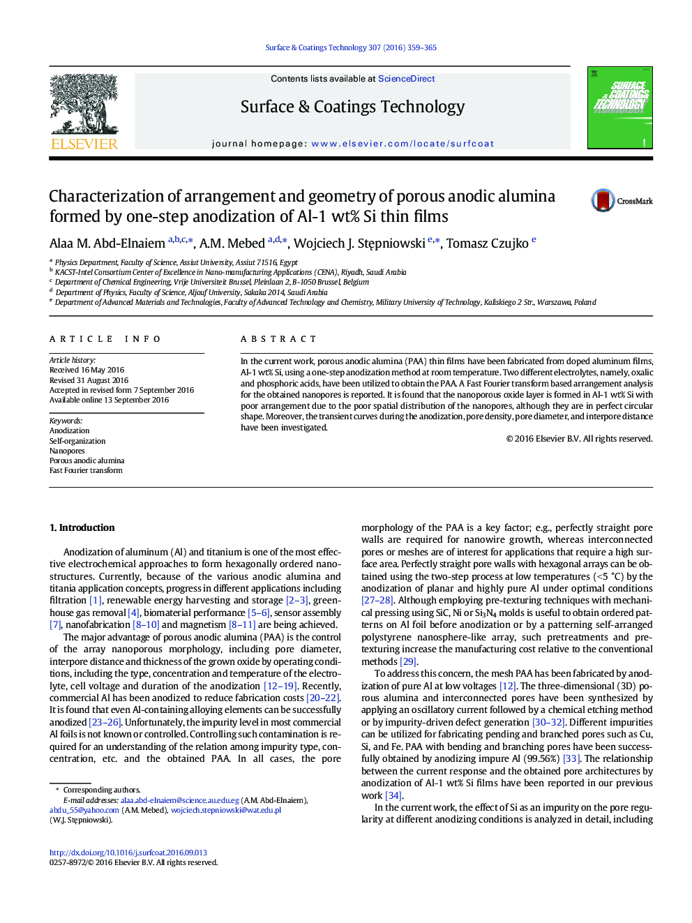 Characterization of arrangement and geometry of porous anodic alumina formed by one-step anodization of Al-1 wt% Si thin films