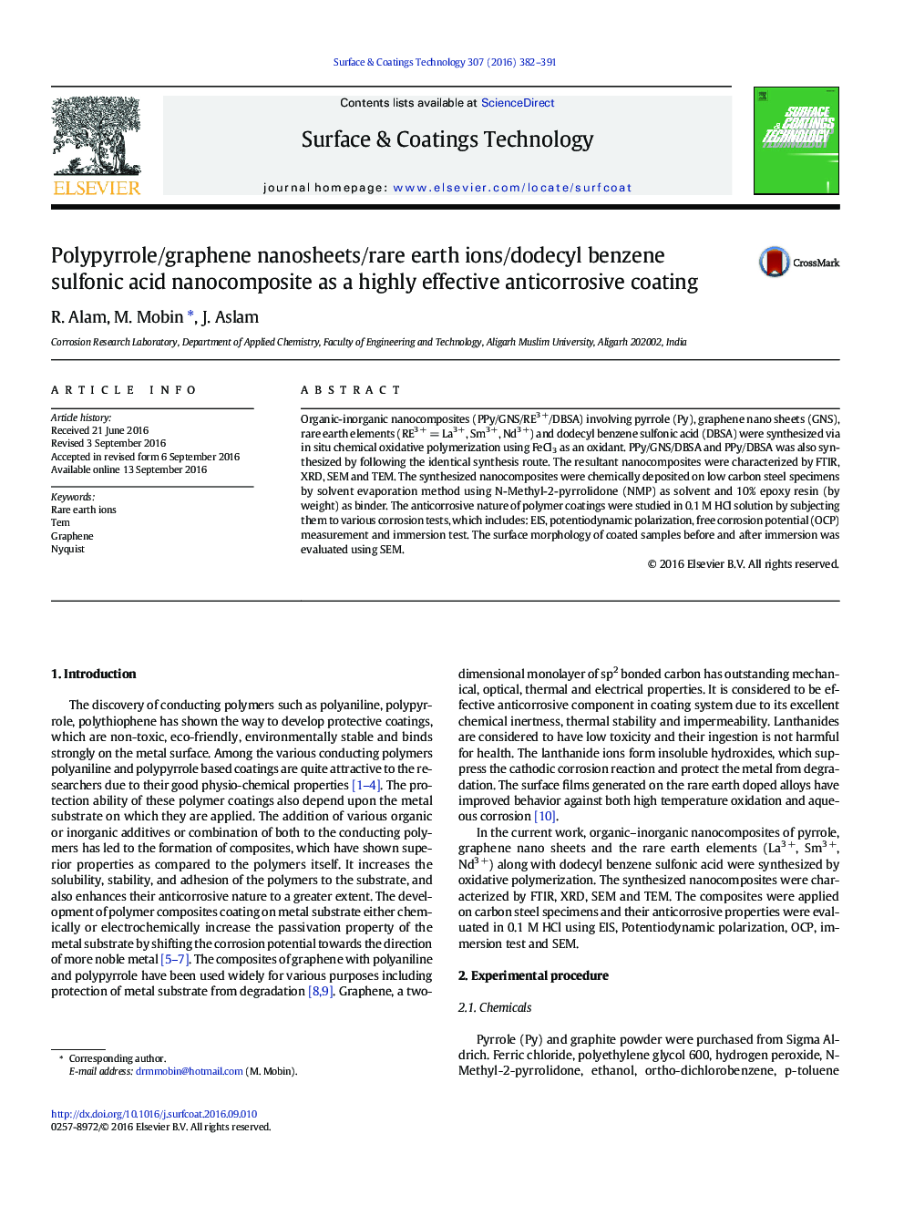 Polypyrrole/graphene nanosheets/rare earth ions/dodecyl benzene sulfonic acid nanocomposite as a highly effective anticorrosive coating