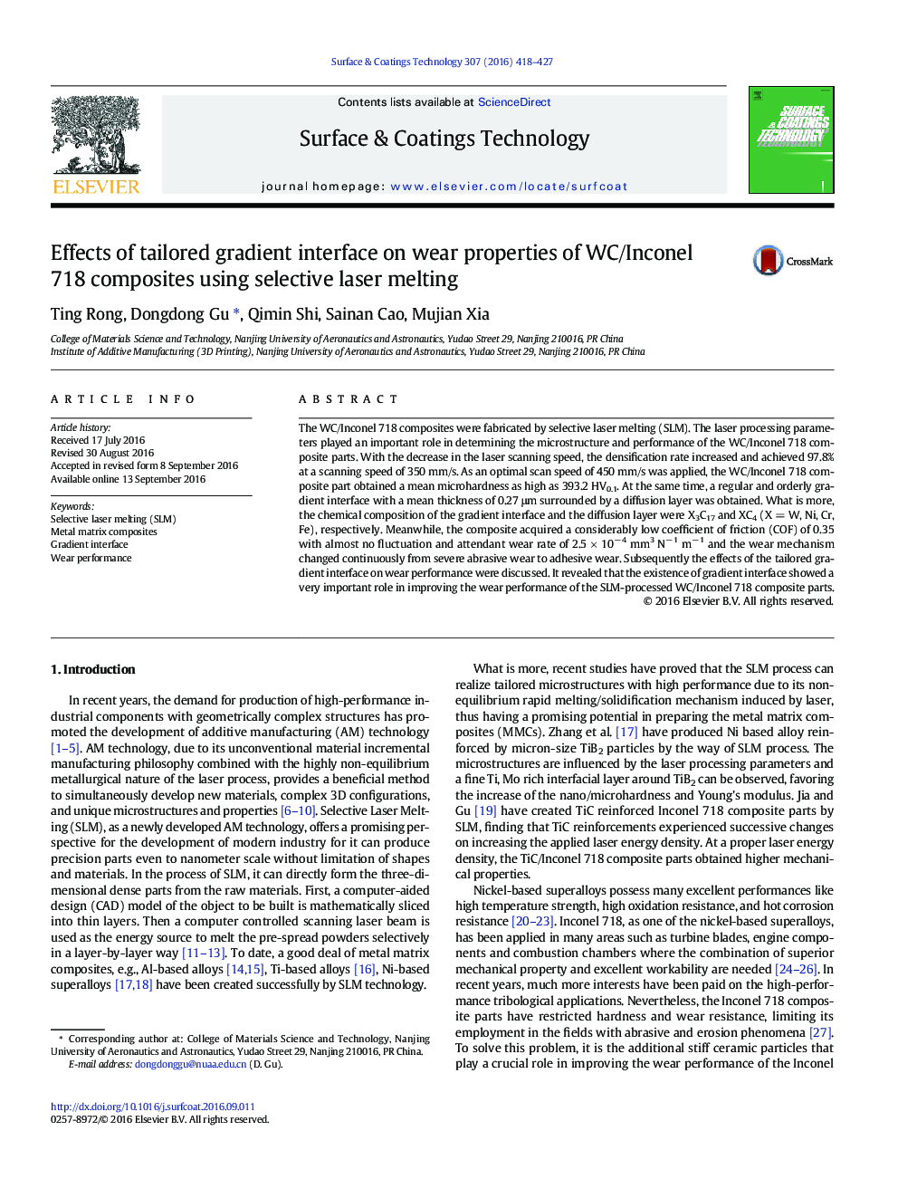 Effects of tailored gradient interface on wear properties of WC/Inconel 718 composites using selective laser melting