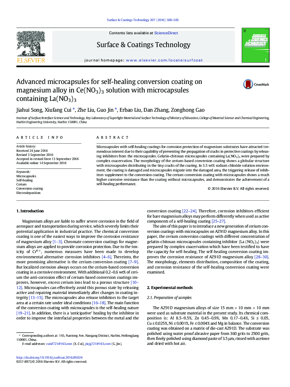 Advanced microcapsules for self-healing conversion coating on magnesium alloy in Ce(NO3)3 solution with microcapsules containing La(NO3)3