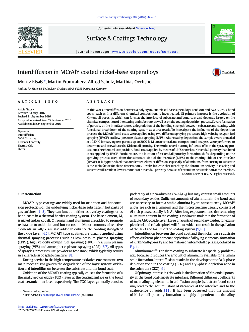 Interdiffusion in MCrAlY coated nickel-base superalloys