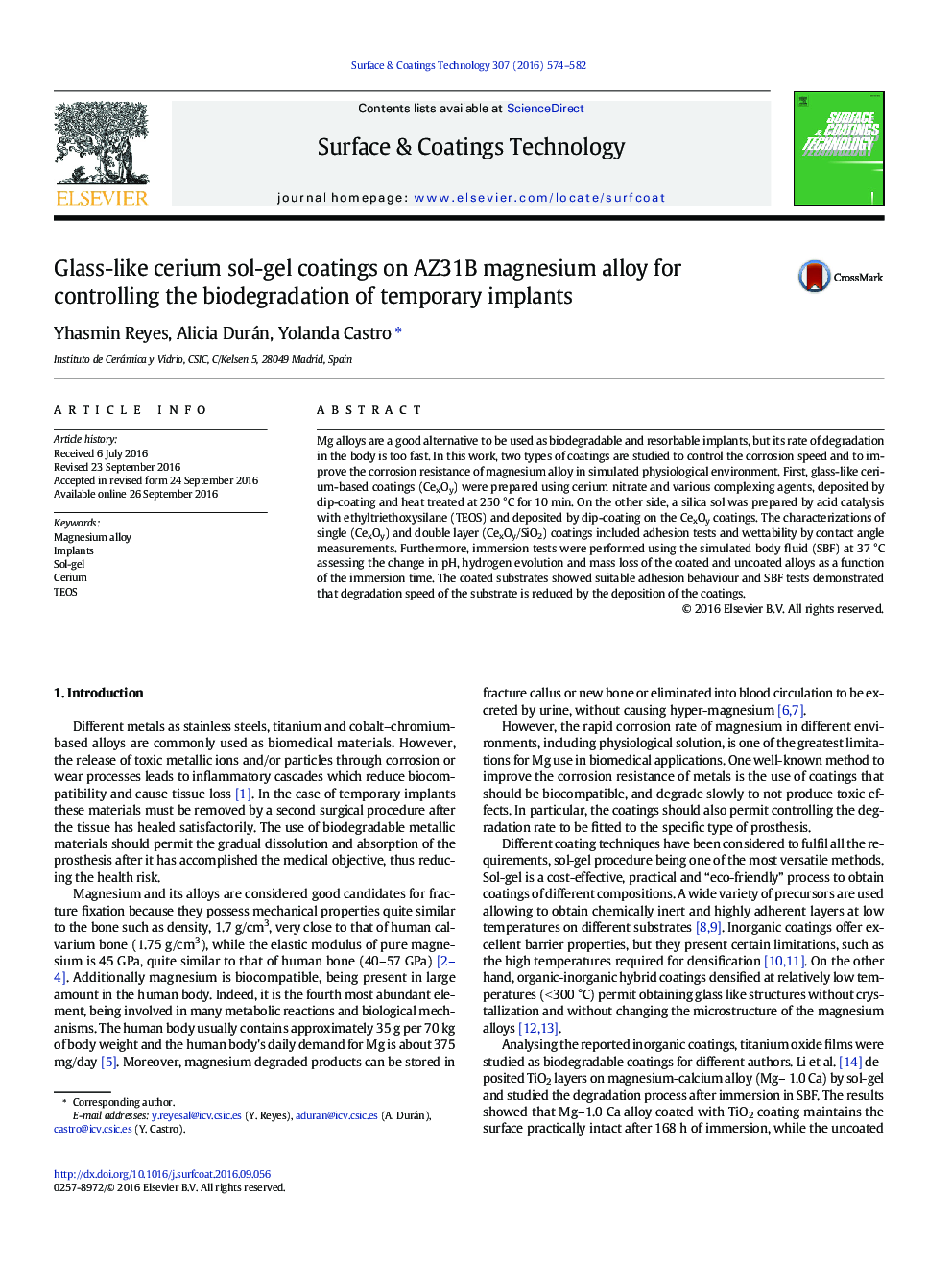 Glass-like cerium sol-gel coatings on AZ31B magnesium alloy for controlling the biodegradation of temporary implants