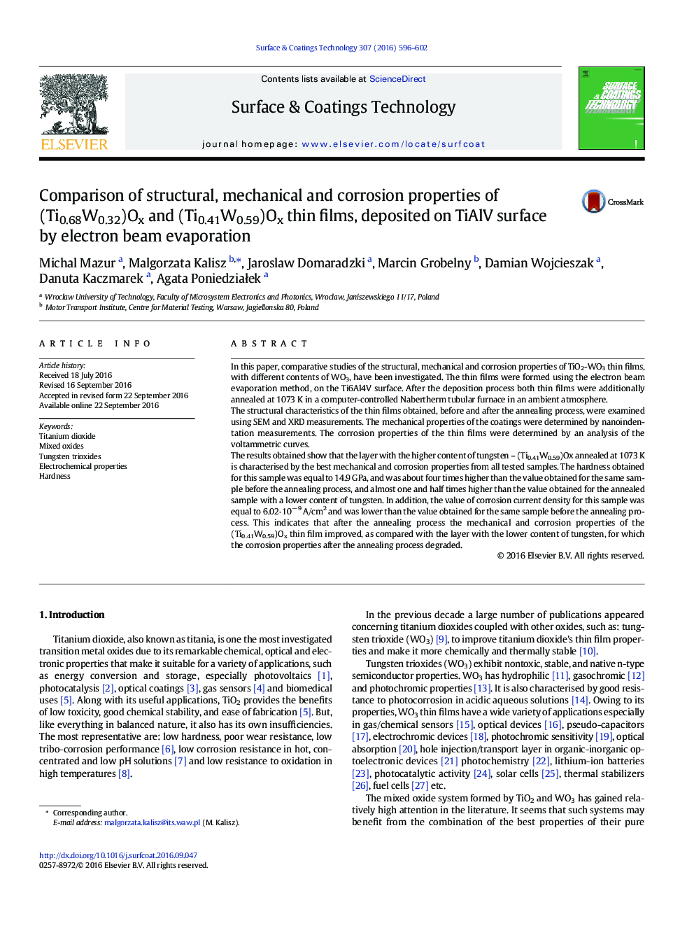 Comparison of structural, mechanical and corrosion properties of (Ti0.68W0.32)Ox and (Ti0.41W0.59)Ox thin films, deposited on TiAlV surface by electron beam evaporation