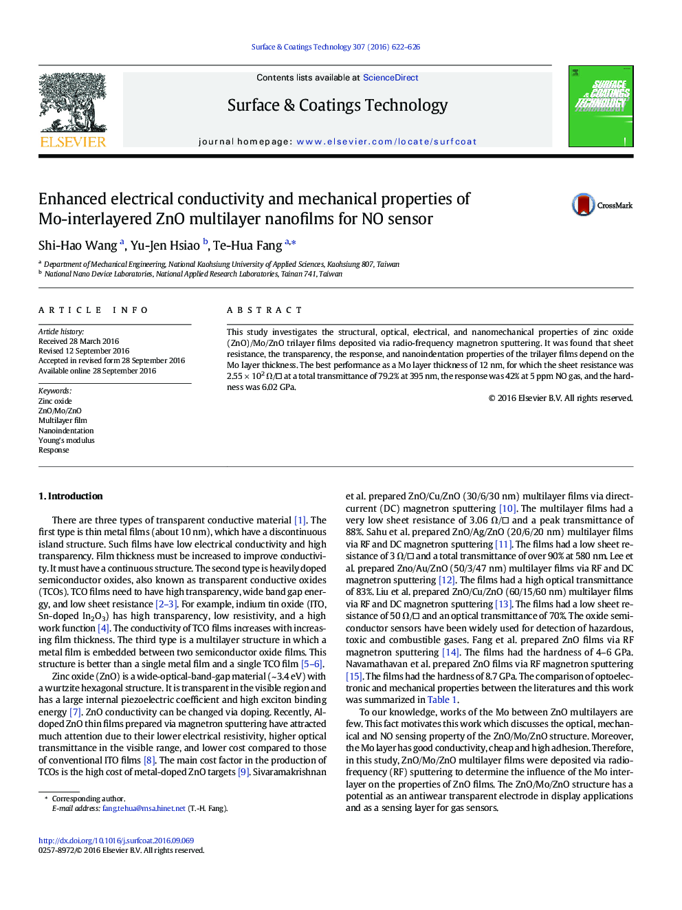 Enhanced electrical conductivity and mechanical properties of Mo-interlayered ZnO multilayer nanofilms for NO sensor