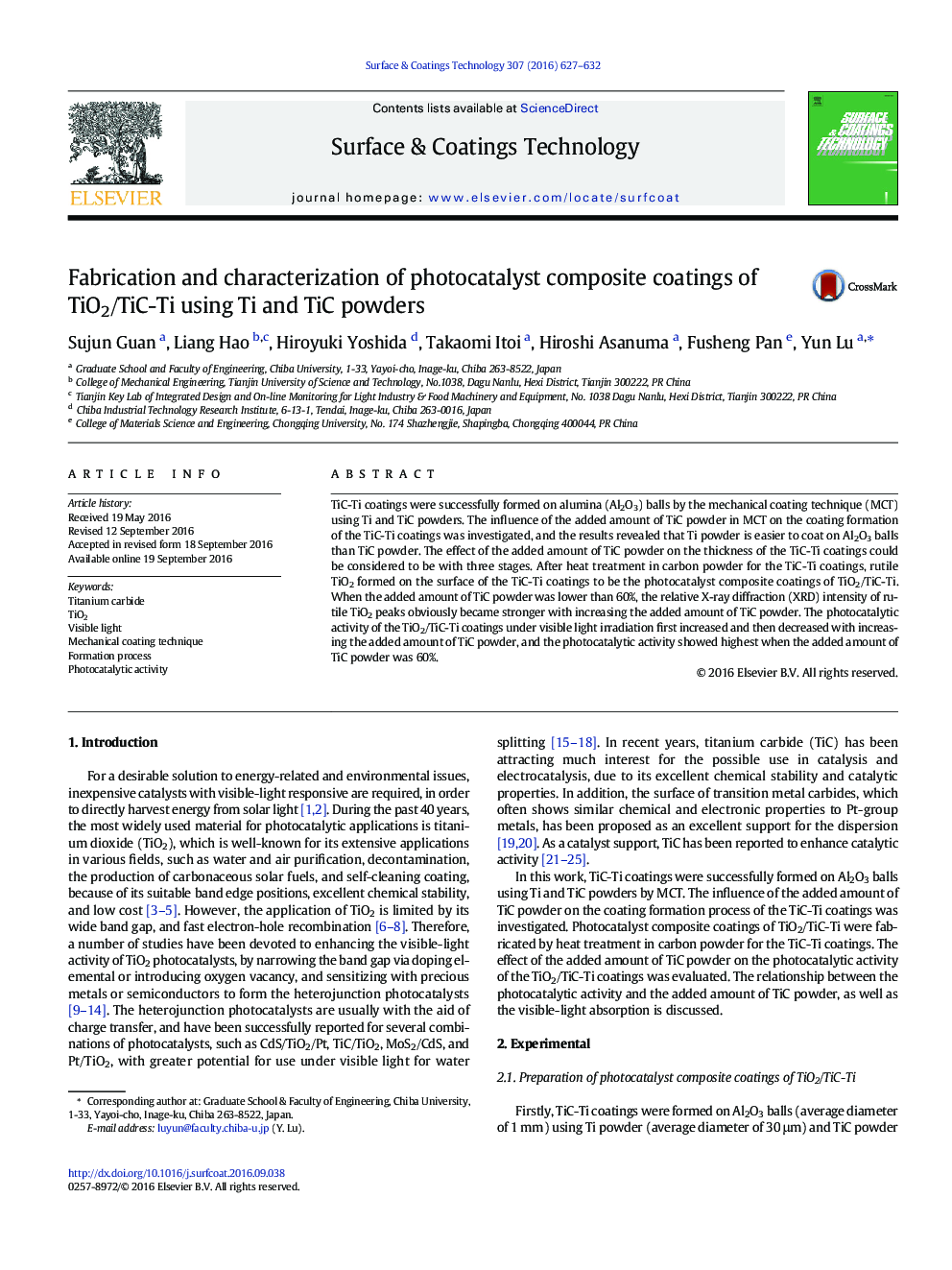 Fabrication and characterization of photocatalyst composite coatings of TiO2/TiC-Ti using Ti and TiC powders