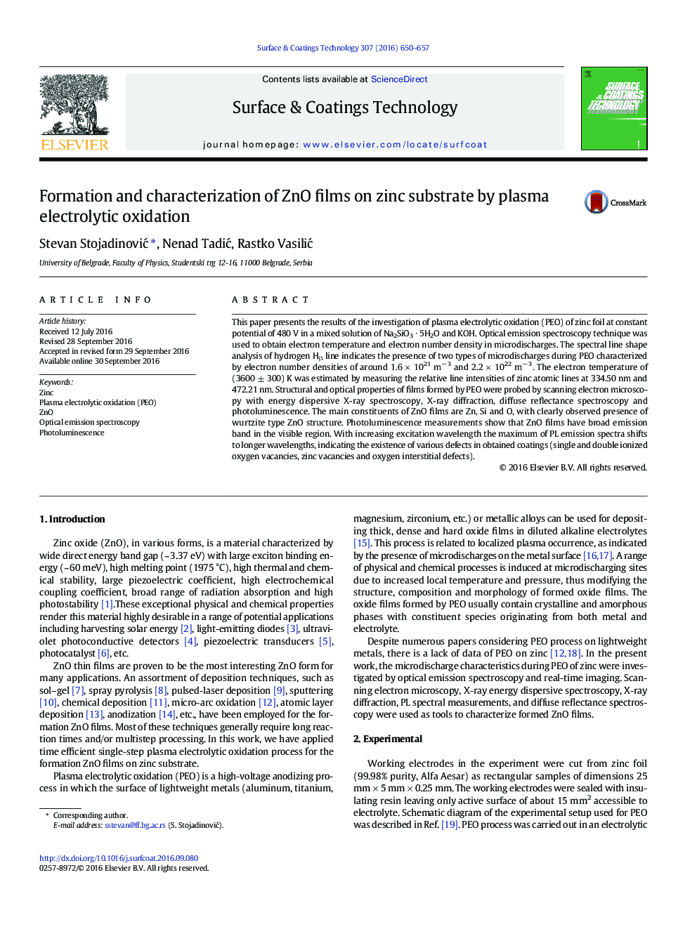 Formation and characterization of ZnO films on zinc substrate by plasma electrolytic oxidation