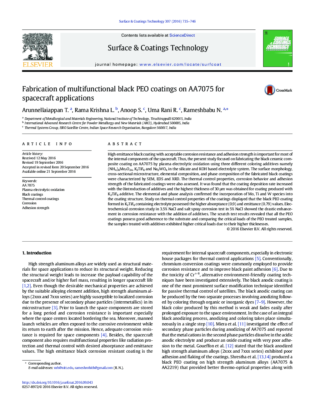 Fabrication of multifunctional black PEO coatings on AA7075 for spacecraft applications