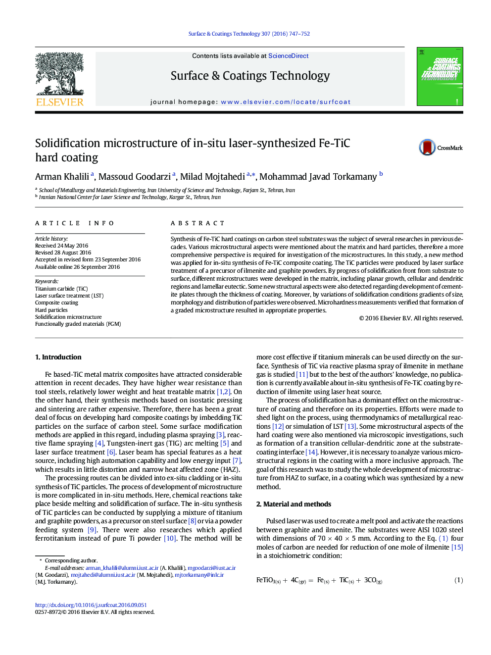 Solidification microstructure of in-situ laser-synthesized Fe-TiC hard coating