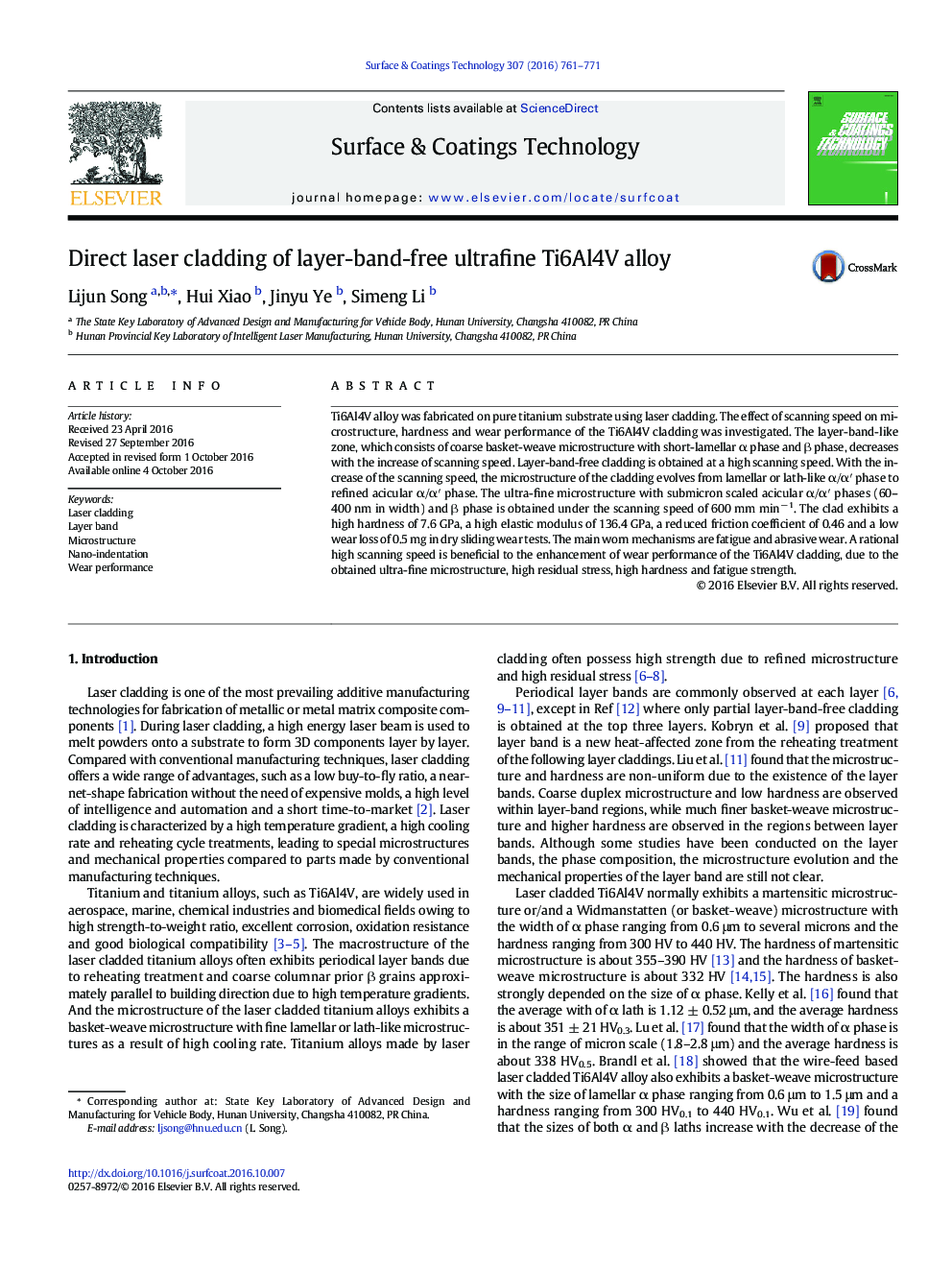 Direct laser cladding of layer-band-free ultrafine Ti6Al4V alloy