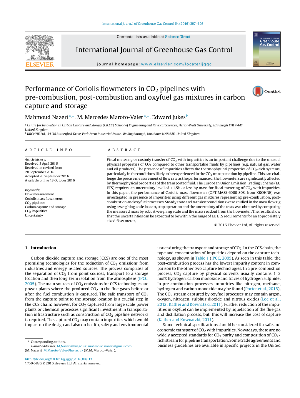 Performance of Coriolis flowmeters in CO2 pipelines with pre-combustion, post-combustion and oxyfuel gas mixtures in carbon capture and storage