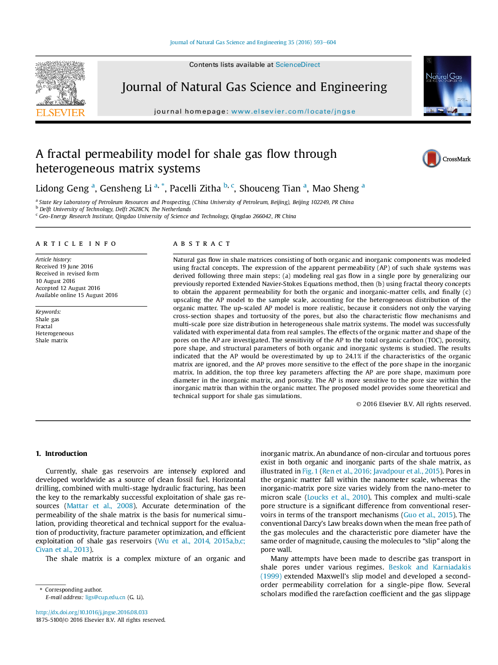 A fractal permeability model for shale gas flow through heterogeneous matrix systems