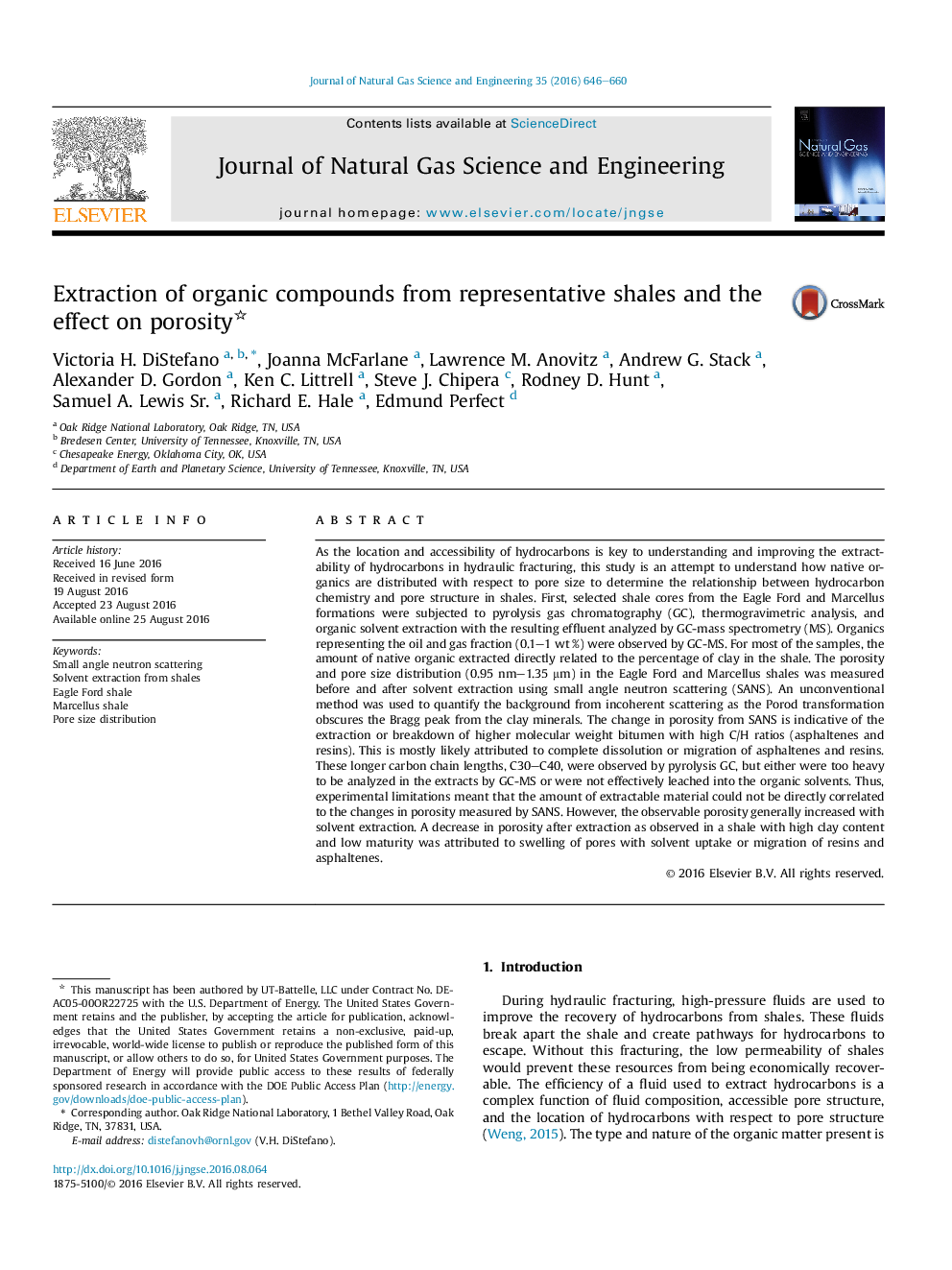 Extraction of organic compounds from representative shales and the effect on porosity 