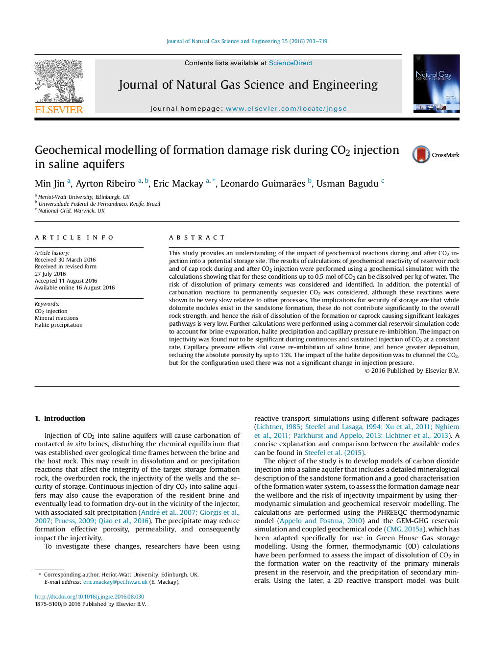 Geochemical modelling of formation damage risk during CO2 injection in saline aquifers