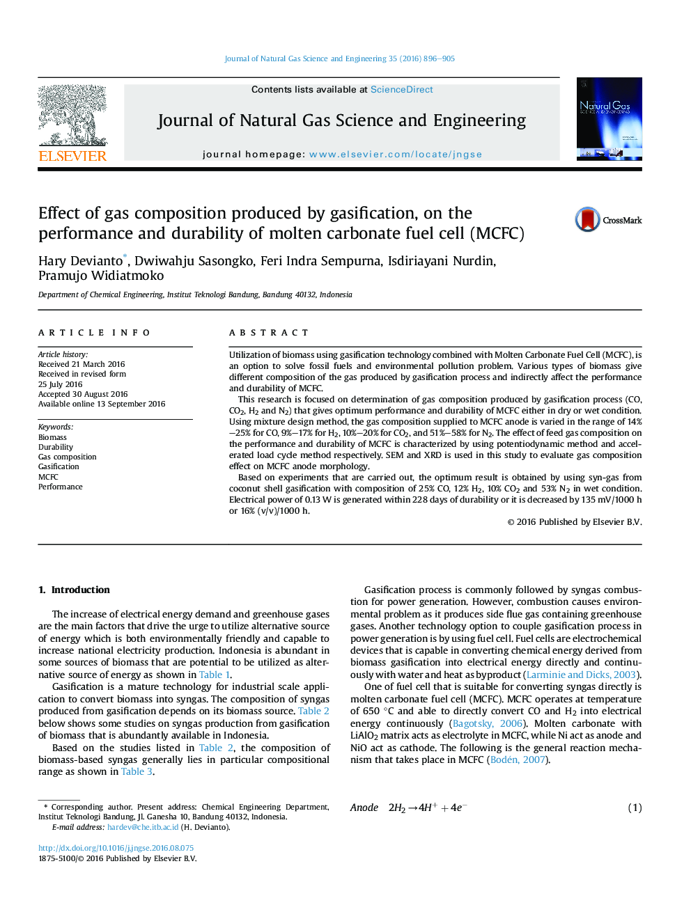 Effect of gas composition produced by gasification, on the performance and durability of molten carbonate fuel cell (MCFC)