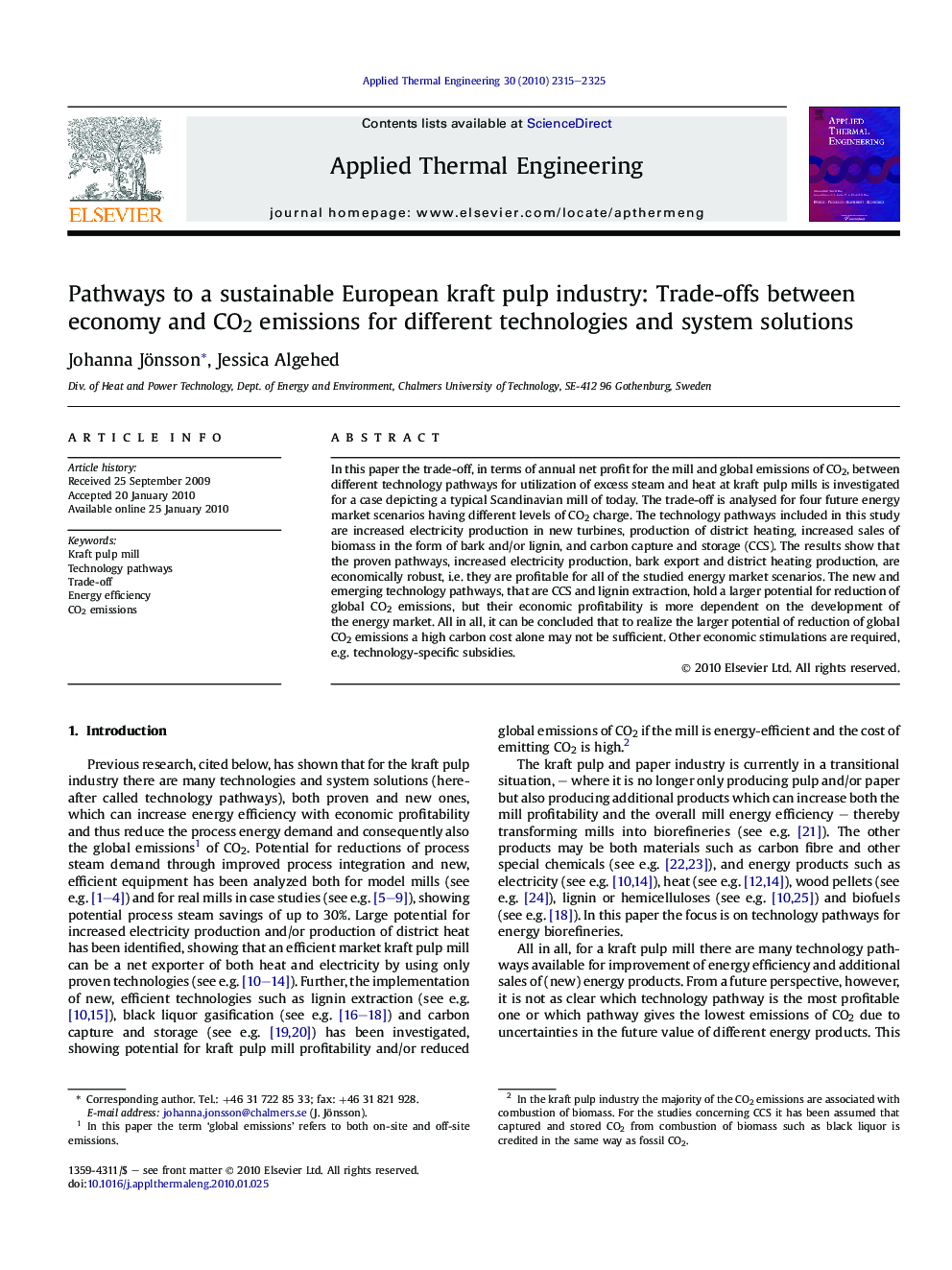 Pathways to a sustainable European kraft pulp industry: Trade-offs between economy and CO2 emissions for different technologies and system solutions