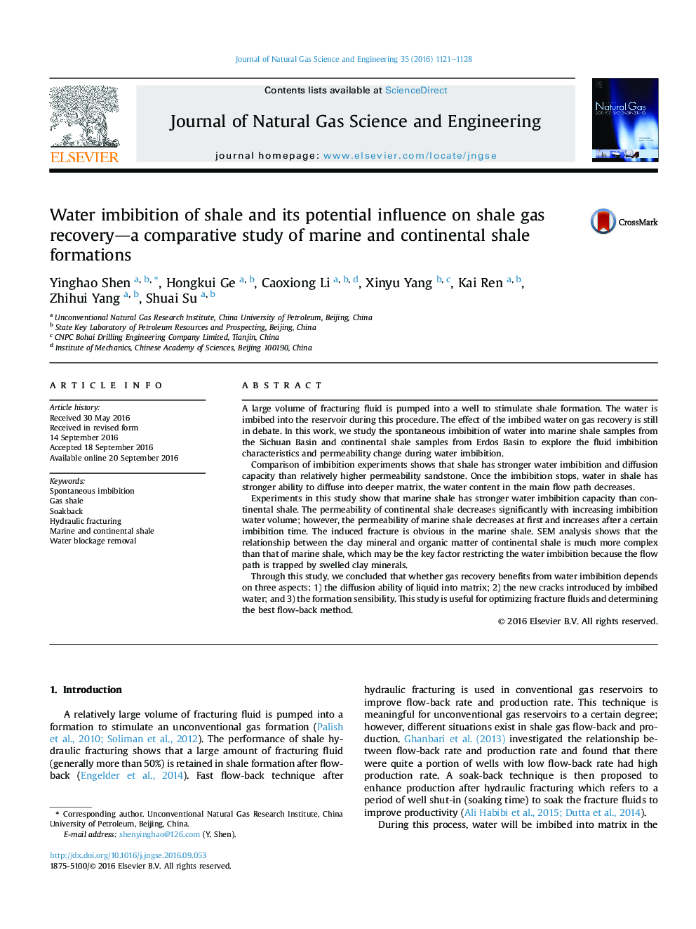 Water imbibition of shale and its potential influence on shale gas recovery-a comparative study of marine and continental shale formations