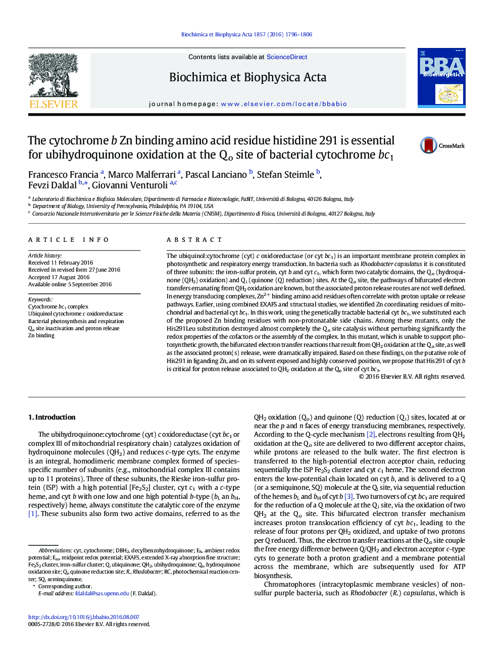 The cytochrome b Zn binding amino acid residue histidine 291 is essential for ubihydroquinone oxidation at the Qo site of bacterial cytochrome bc1