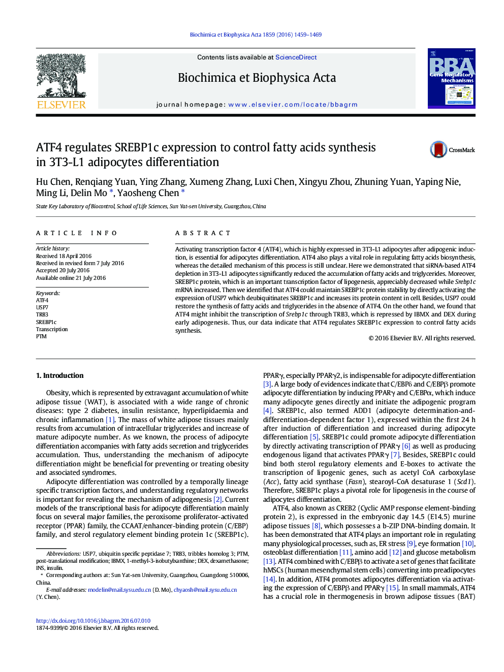 ATF4 regulates SREBP1c expression to control fatty acids synthesis in 3T3-L1 adipocytes differentiation