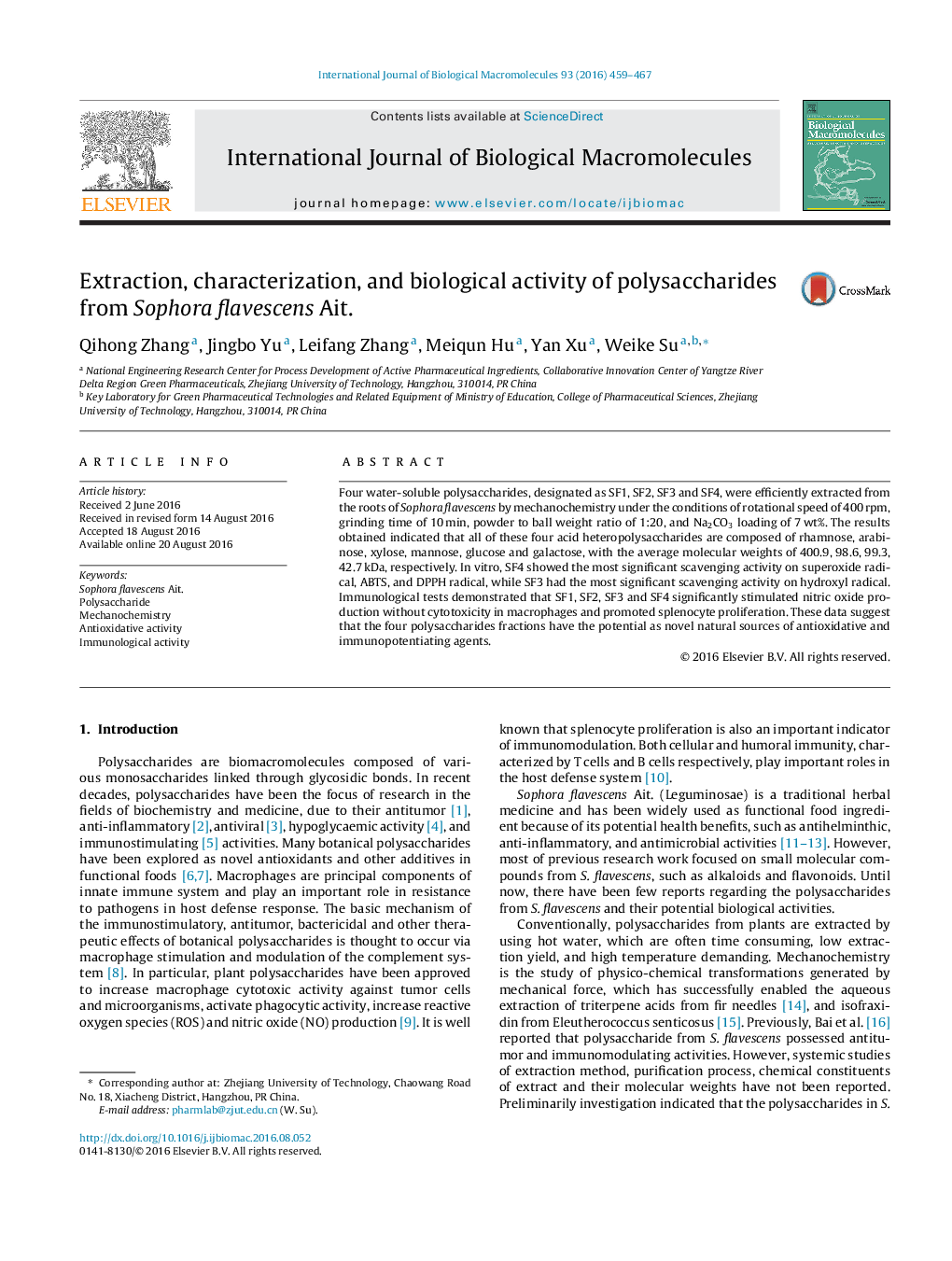 Extraction, characterization, and biological activity of polysaccharides from Sophora flavescens Ait.