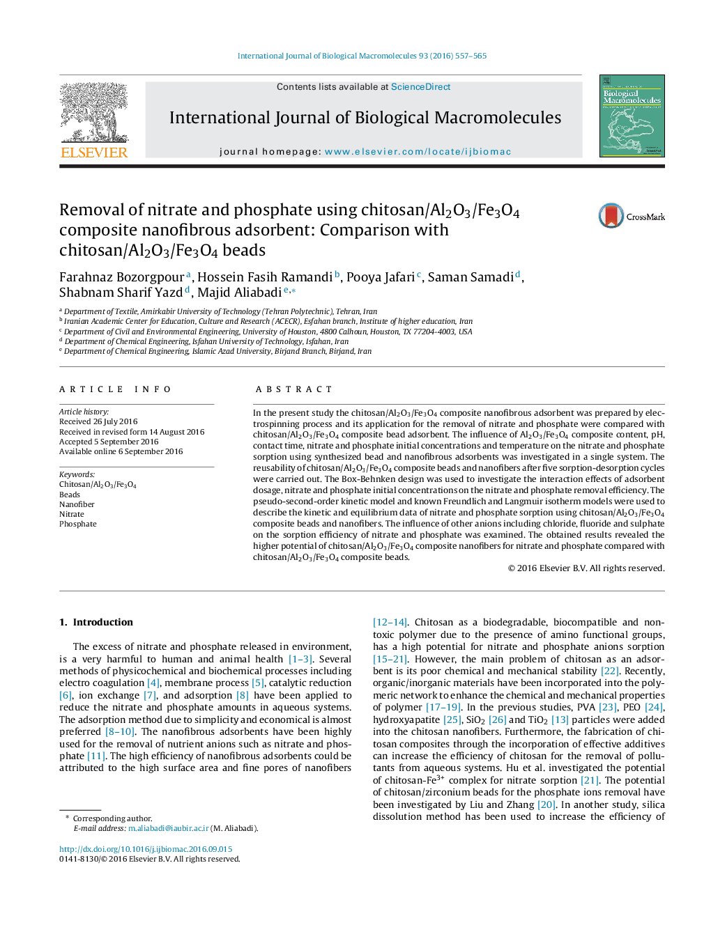 Removal of nitrate and phosphate using chitosan/Al2O3/Fe3O4 composite nanofibrous adsorbent: Comparison with chitosan/Al2O3/Fe3O4 beads