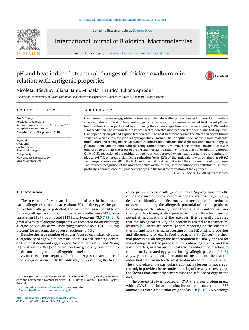 pH and heat induced structural changes of chicken ovalbumin in relation with antigenic properties