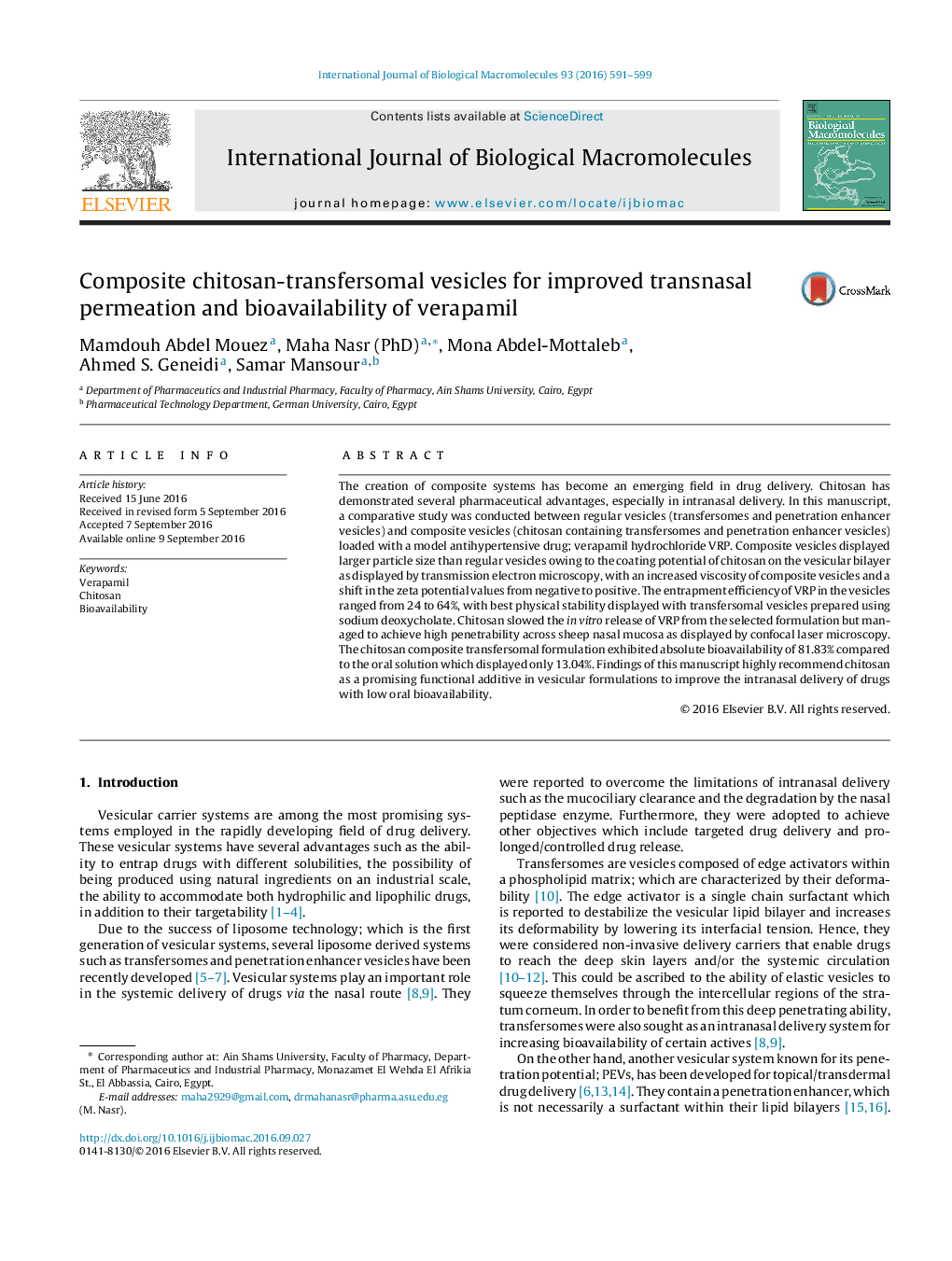 Composite chitosan-transfersomal vesicles for improved transnasal permeation and bioavailability of verapamil