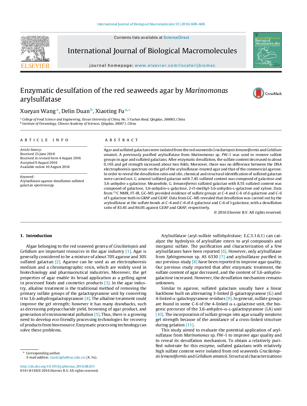 Enzymatic desulfation of the red seaweeds agar by Marinomonas arylsulfatase