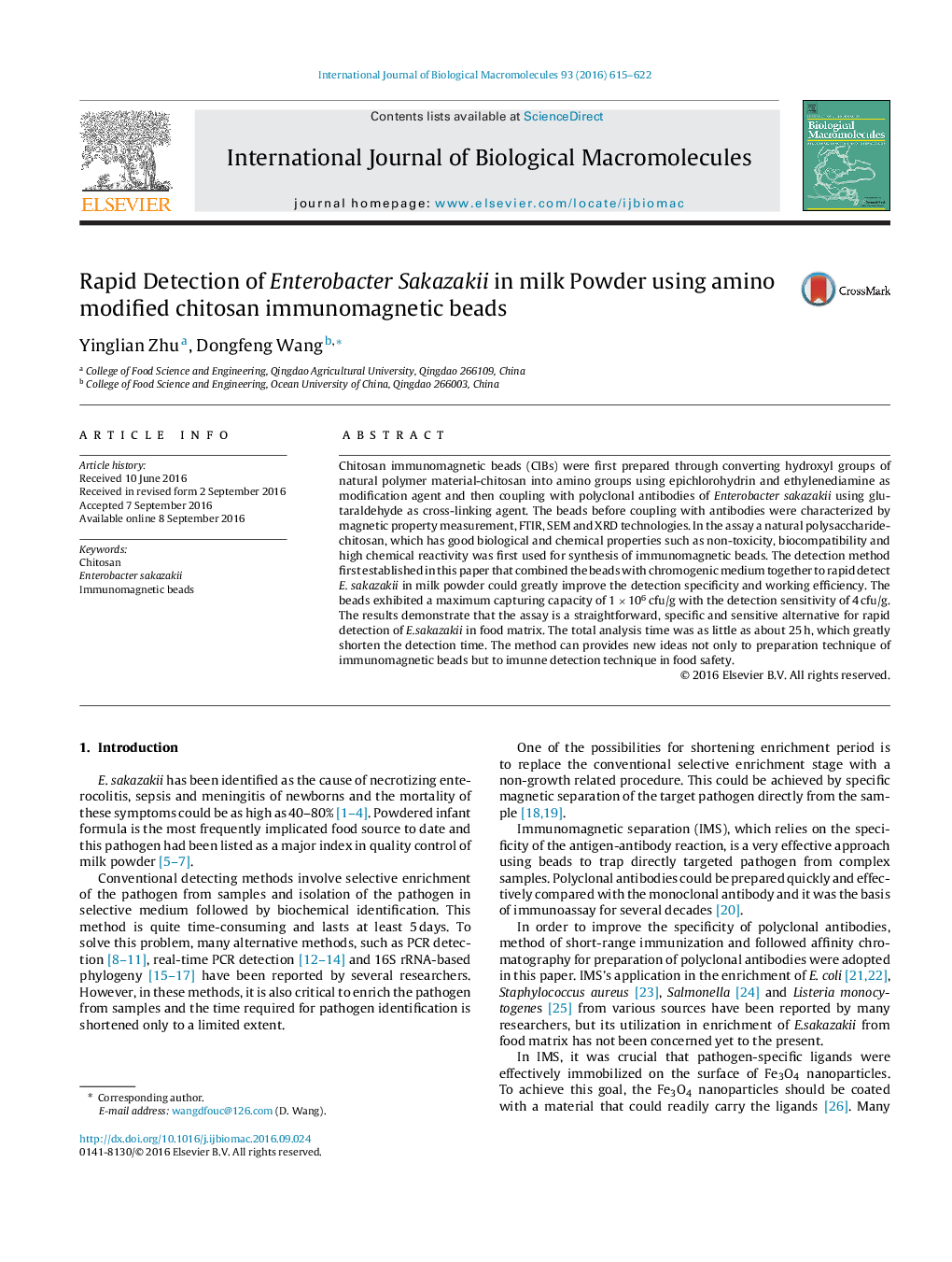 Rapid Detection of Enterobacter Sakazakii in milk Powder using amino modified chitosan immunomagnetic beads