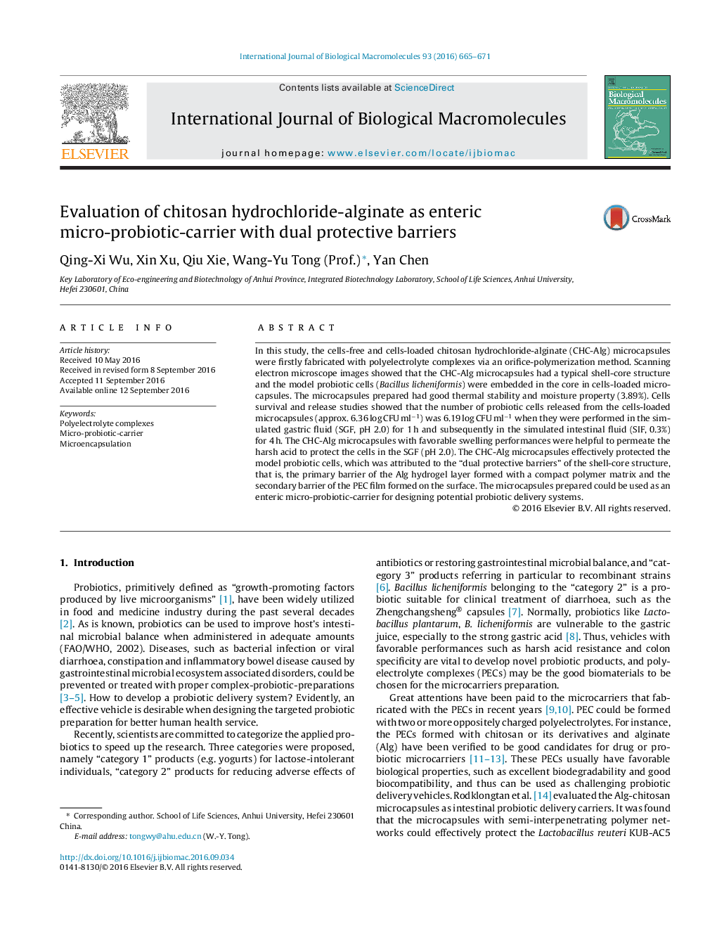 Evaluation of chitosan hydrochloride-alginate as enteric micro-probiotic-carrier with dual protective barriers