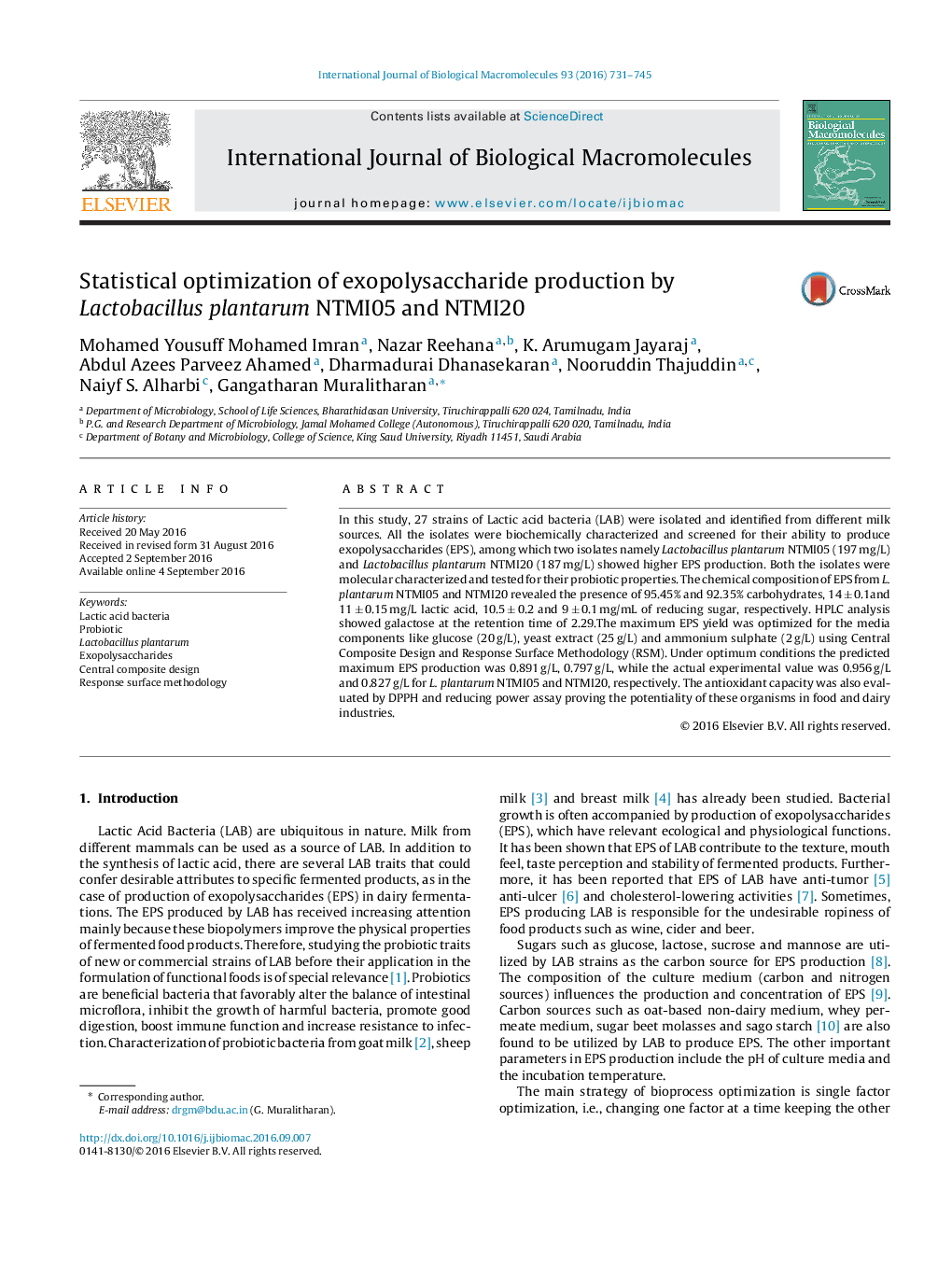 Statistical optimization of exopolysaccharide production by Lactobacillus plantarum NTMI05 and NTMI20