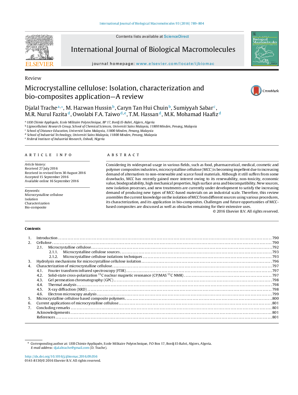 Microcrystalline cellulose: Isolation, characterization and bio-composites application-A review