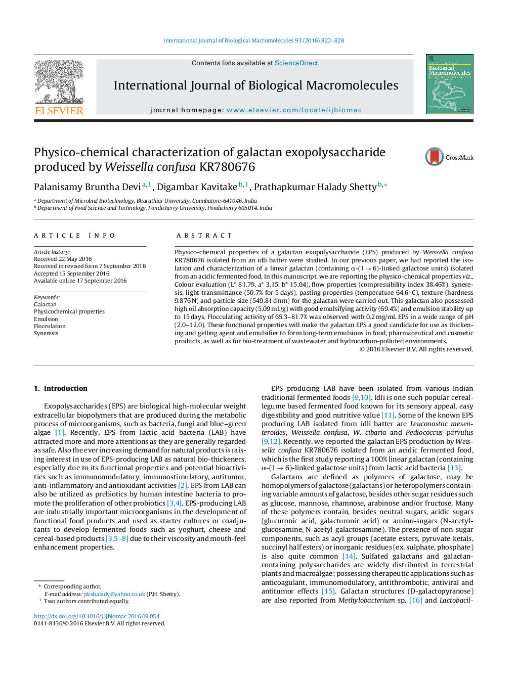 Physico-chemical characterization of galactan exopolysaccharide produced by Weissella confusa KR780676