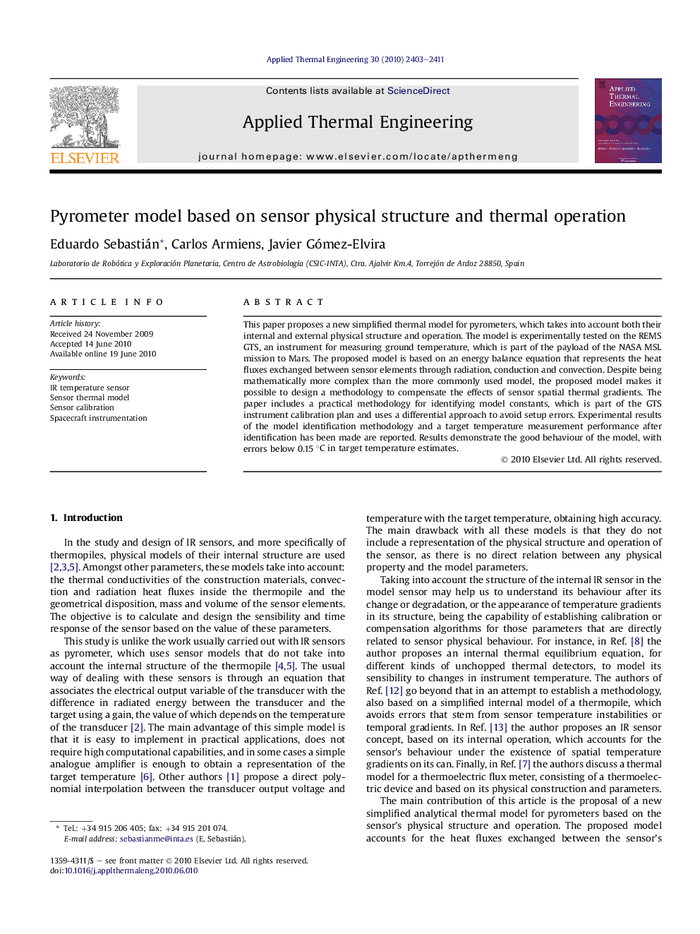 Pyrometer model based on sensor physical structure and thermal operation