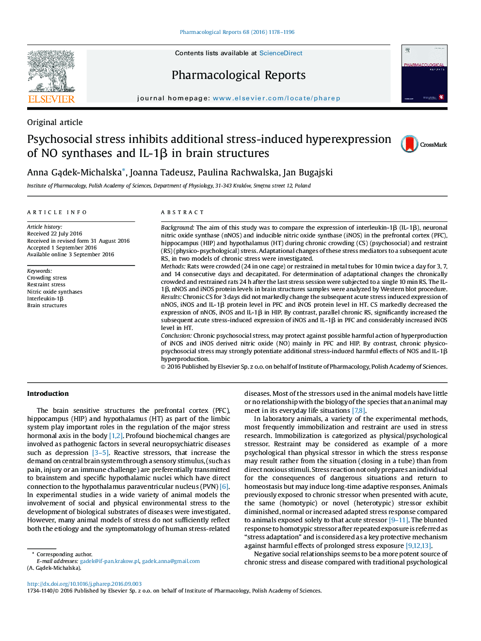 Psychosocial stress inhibits additional stress-induced hyperexpression of NO synthases and IL-1Î² in brain structures