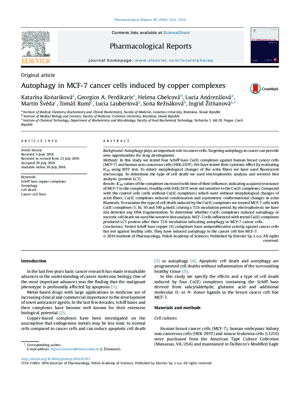 Autophagy in MCF-7 cancer cells induced by copper complexes