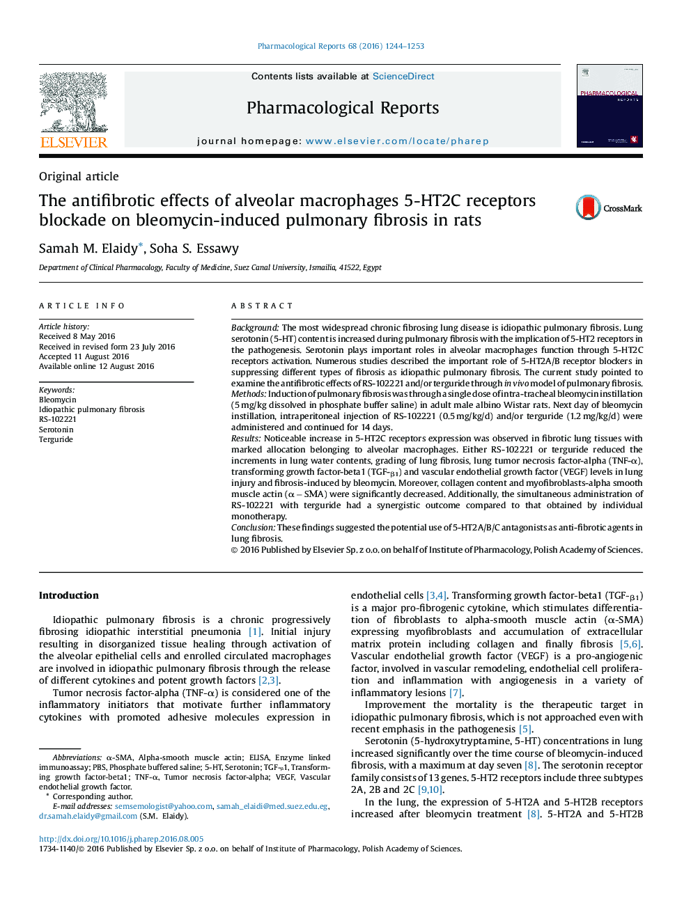 The antifibrotic effects of alveolar macrophages 5-HT2C receptors blockade on bleomycin-induced pulmonary fibrosis in rats