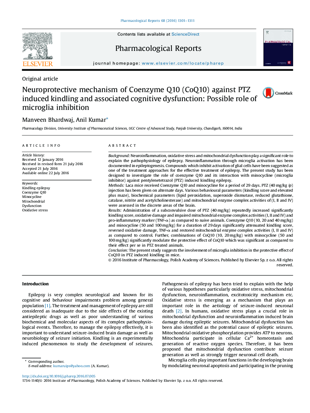 Neuroprotective mechanism of Coenzyme Q10 (CoQ10) against PTZ induced kindling and associated cognitive dysfunction: Possible role of microglia inhibition