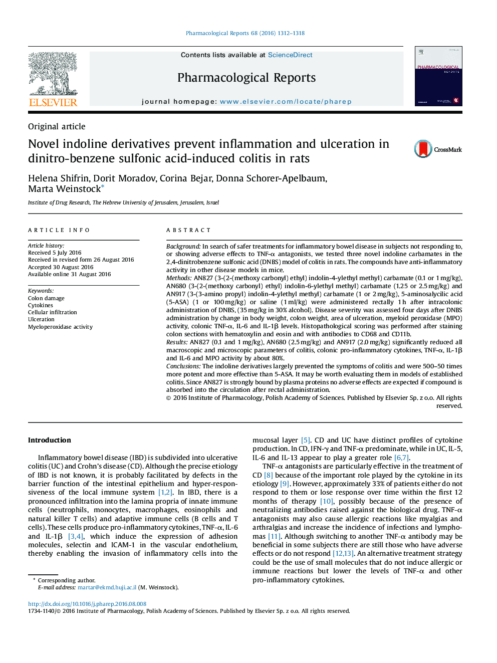 Novel indoline derivatives prevent inflammation and ulceration in dinitro-benzene sulfonic acid-induced colitis in rats