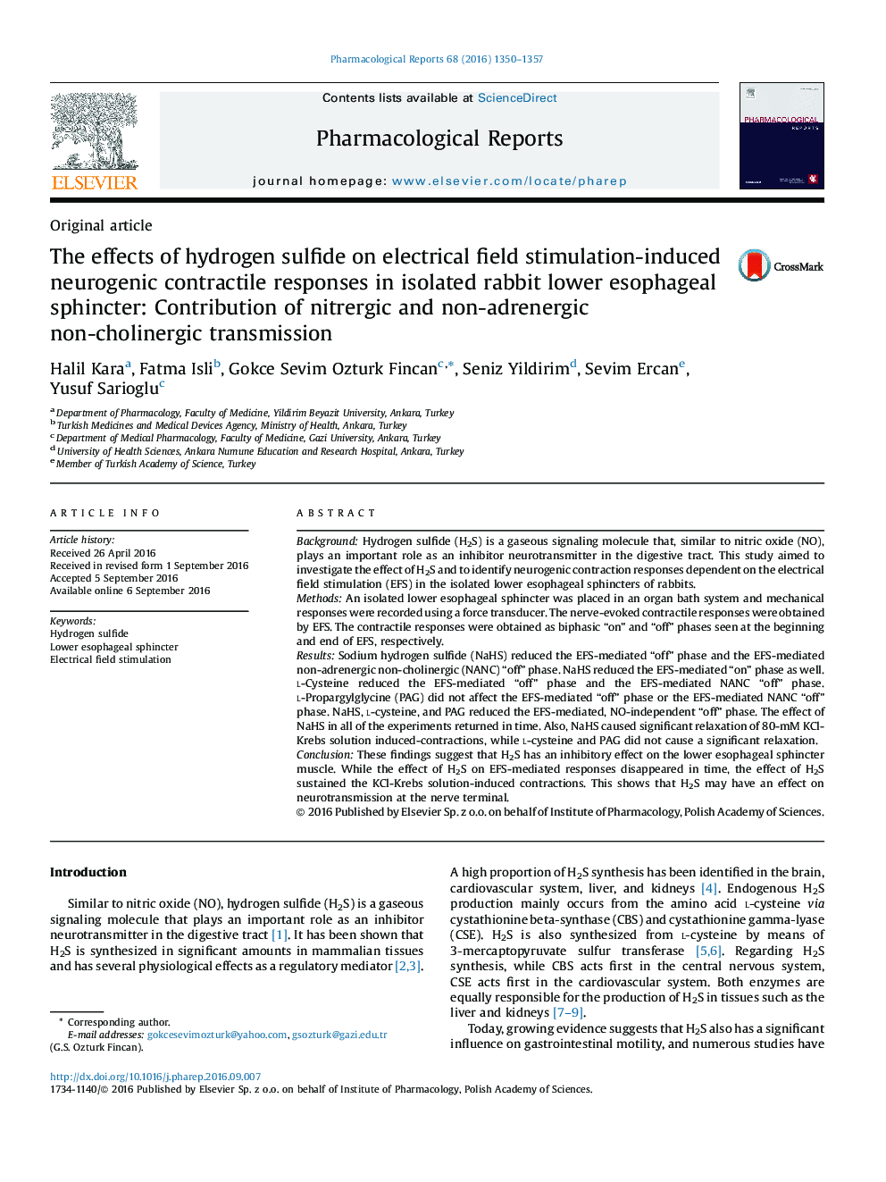 The effects of hydrogen sulfide on electrical field stimulation-induced neurogenic contractile responses in isolated rabbit lower esophageal sphincter: Contribution of nitrergic and non-adrenergic non-cholinergic transmission