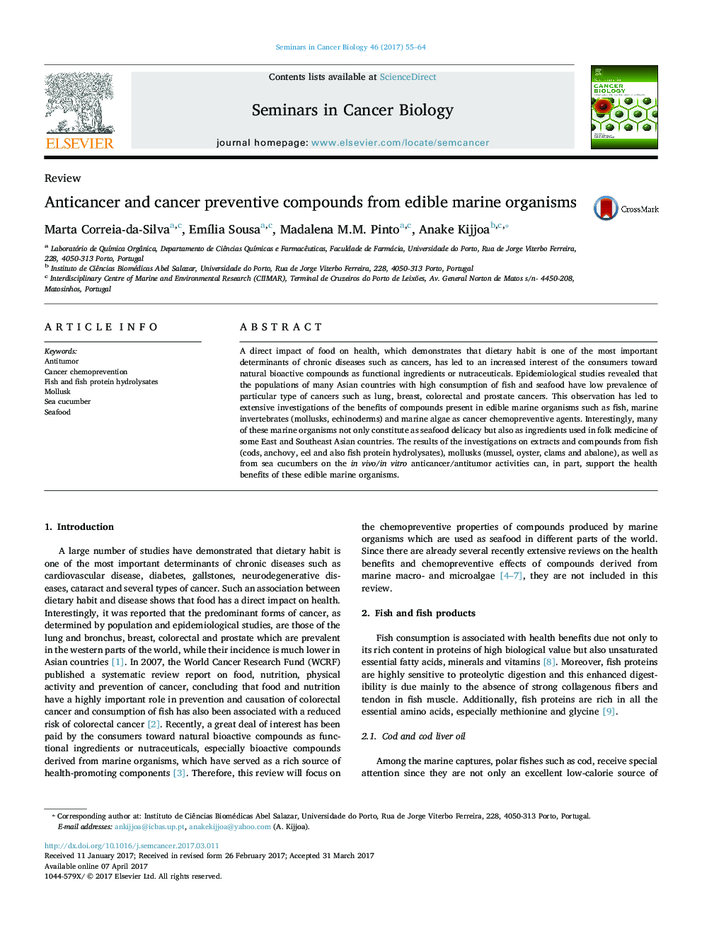 Anticancer and cancer preventive compounds from edible marine organisms