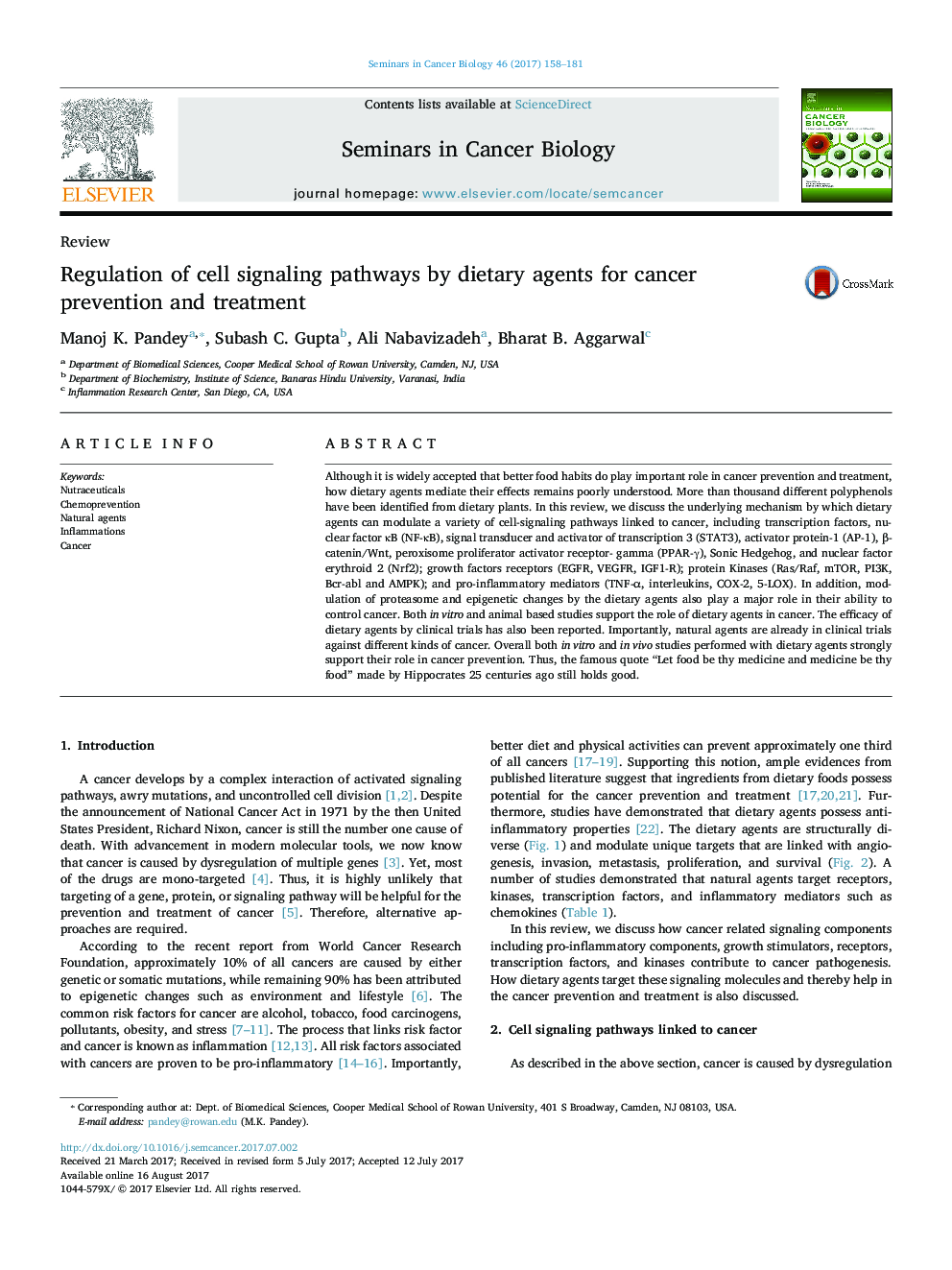 Regulation of cell signaling pathways by dietary agents for cancer prevention and treatment