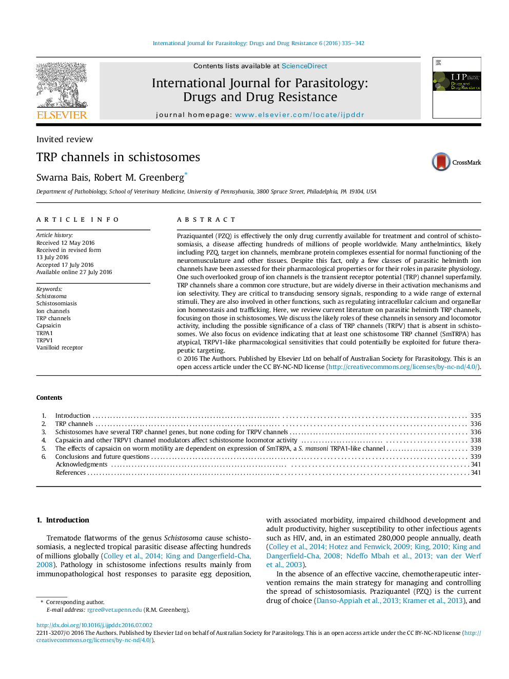 TRP channels in schistosomes