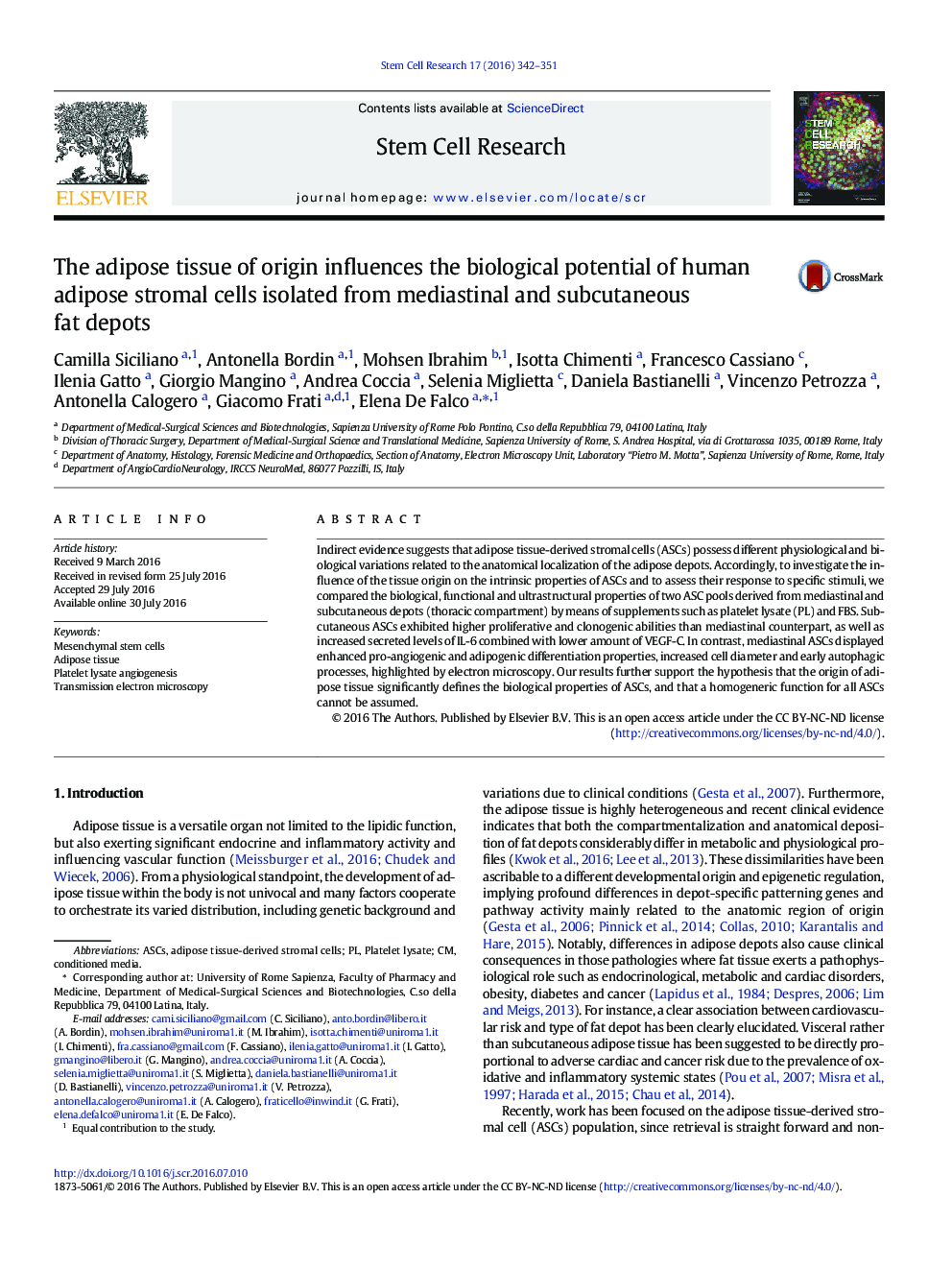 The adipose tissue of origin influences the biological potential of human adipose stromal cells isolated from mediastinal and subcutaneous fat depots