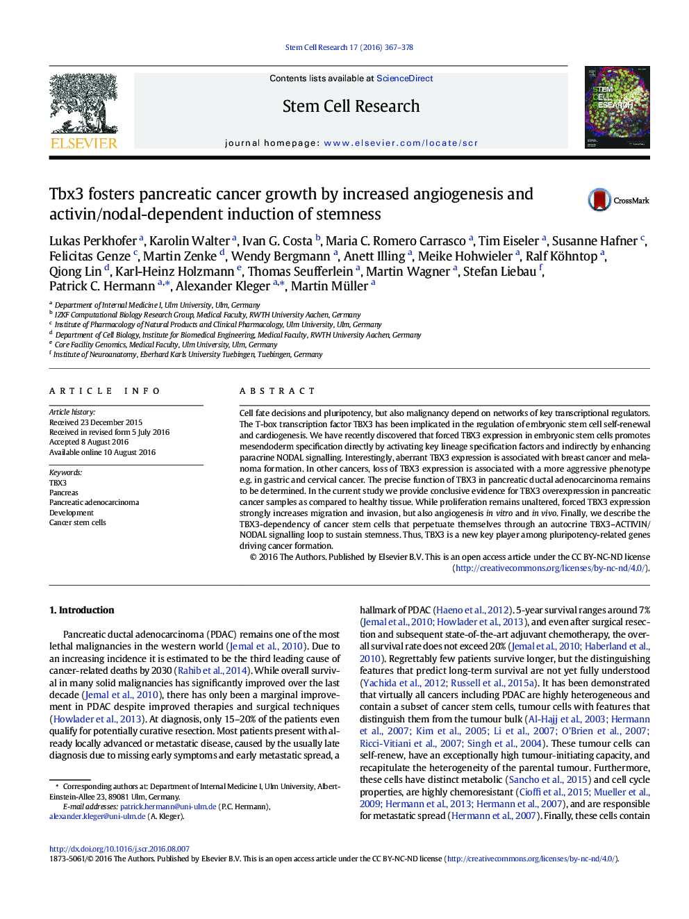 Tbx3 fosters pancreatic cancer growth by increased angiogenesis and activin/nodal-dependent induction of stemness