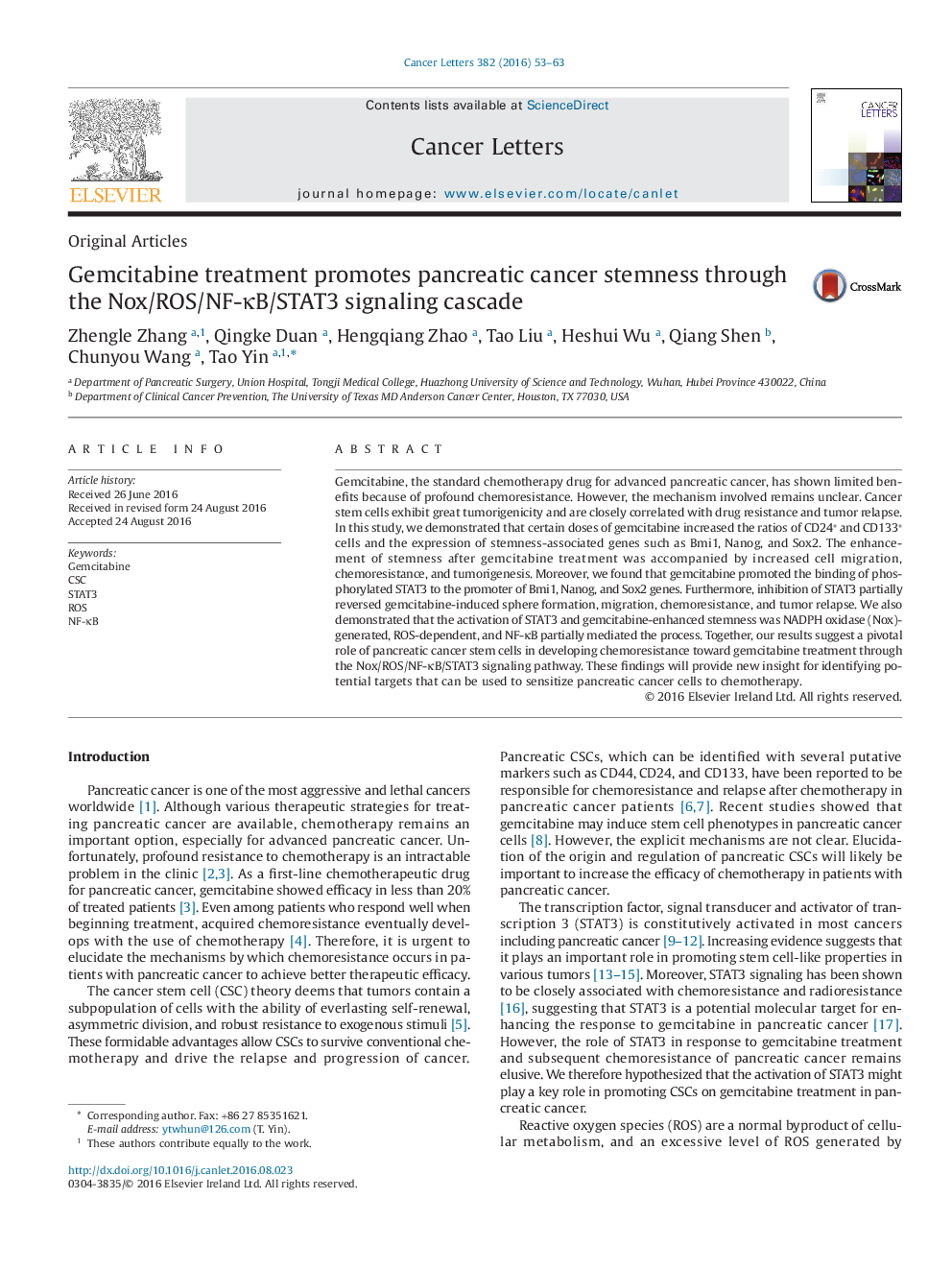 Gemcitabine treatment promotes pancreatic cancer stemness through the Nox/ROS/NF-ÎºB/STAT3 signaling cascade