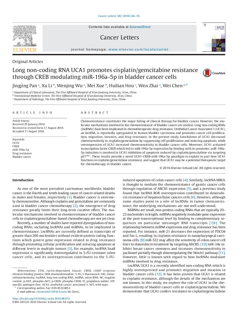 عکس صفحه اول مقاله: Long non-coding RNA UCA1 promotes cisplatin/gemcitabine resistance through CREB modulating miR-196a-5p in bladder cancer cells Long non-coding RNA UCA1 promotes cisplatin/gemcitabine resistance through CREB modulating miR-196a-5p in bladder cancer cells