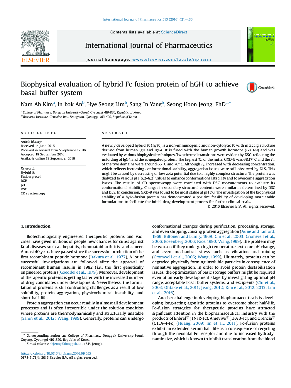 Biophysical evaluation of hybrid Fc fusion protein of hGH to achieve basal buffer system