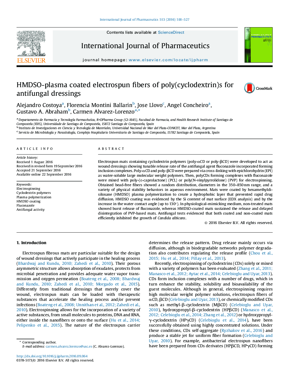 HMDSO-plasma coated electrospun fibers of poly(cyclodextrin)s for antifungal dressings